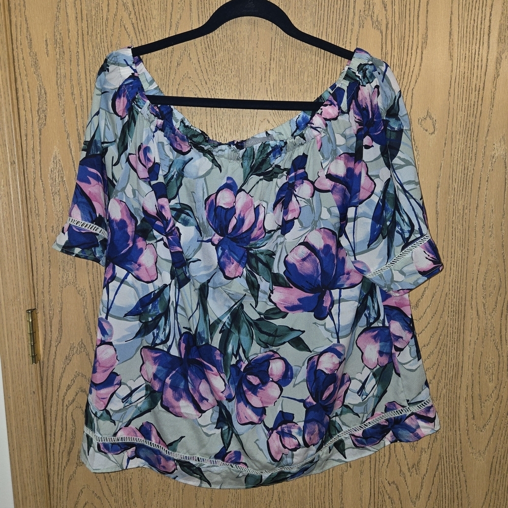 Floral Off-Shoulder Blouse - Pink and Blue